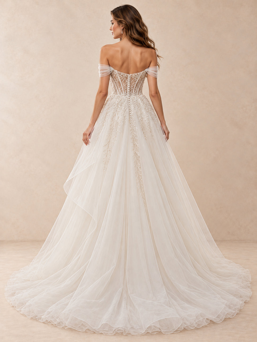White Off-the-Shoulder Beaded Tulle Ball Gown Wedding Dress