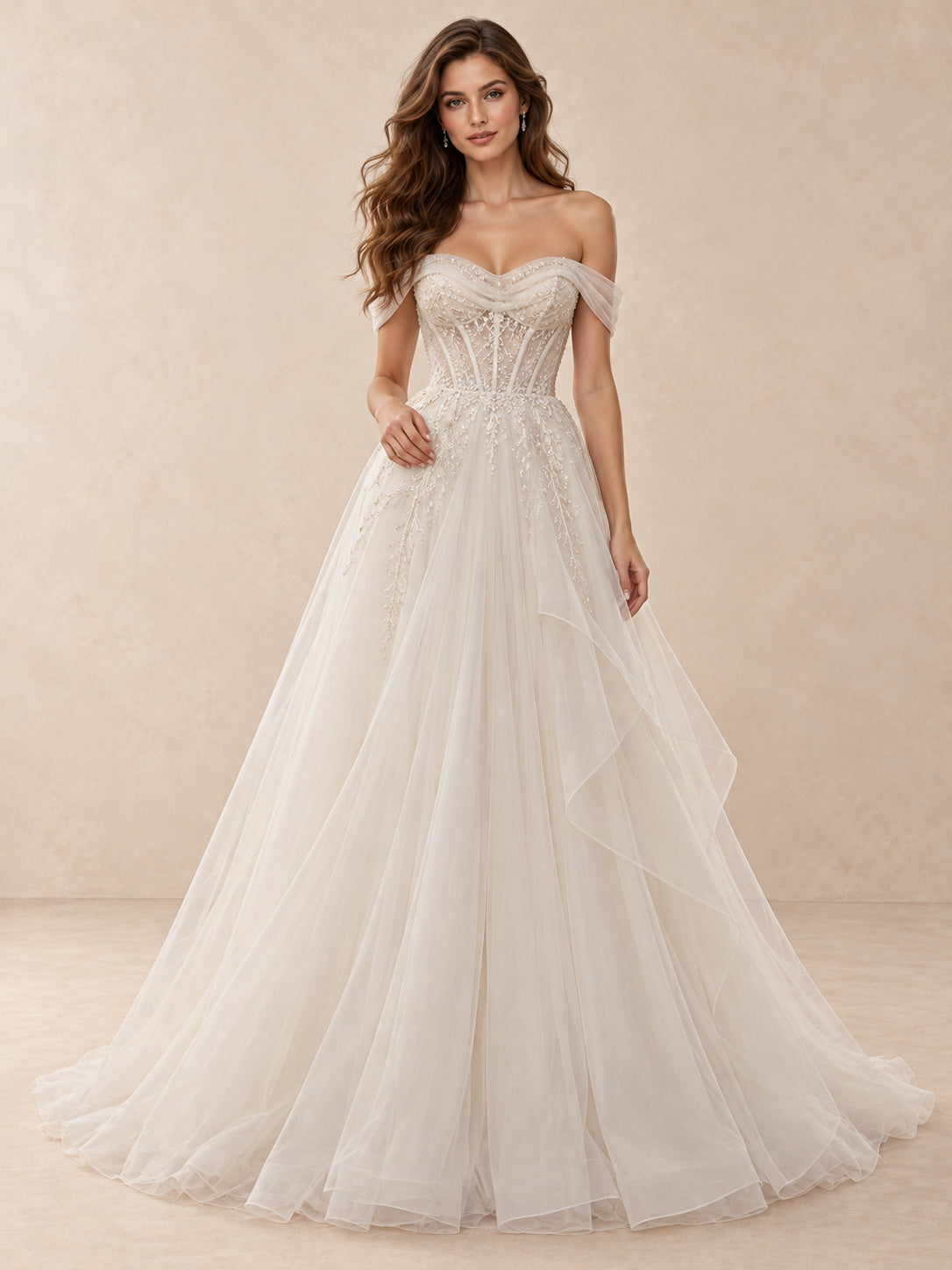 White Off-the-Shoulder Beaded Tulle Ball Gown Wedding Dress