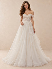 White Off-the-Shoulder Beaded Tulle Ball Gown Wedding Dress