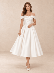 White Off-the-Shoulder Draped Mikado Tea-Length Wedding Dress