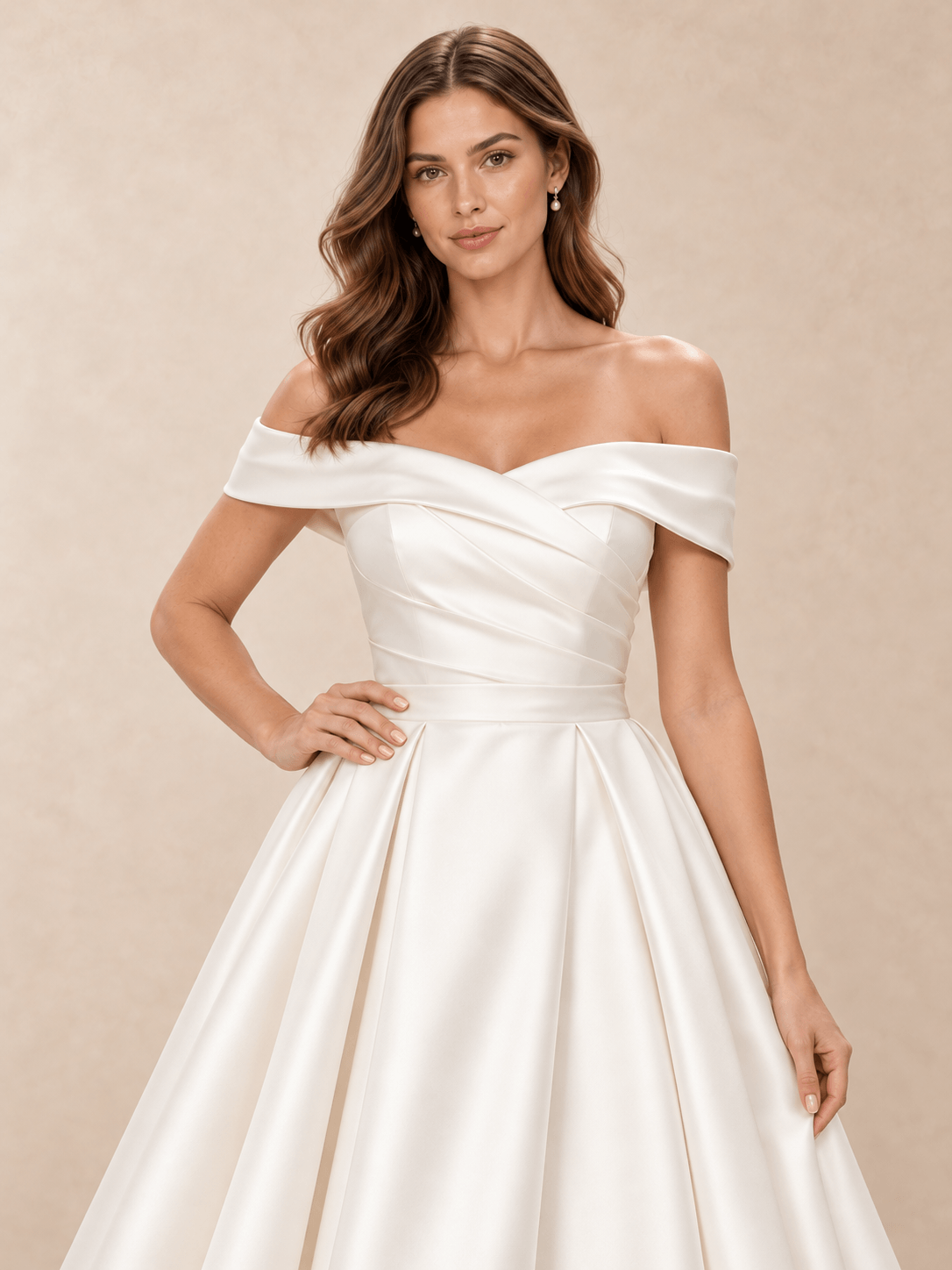 White Off-the-Shoulder Draped Mikado Tea-Length Wedding Dress