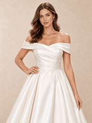 White Off-the-Shoulder Draped Mikado Tea-Length Wedding Dress