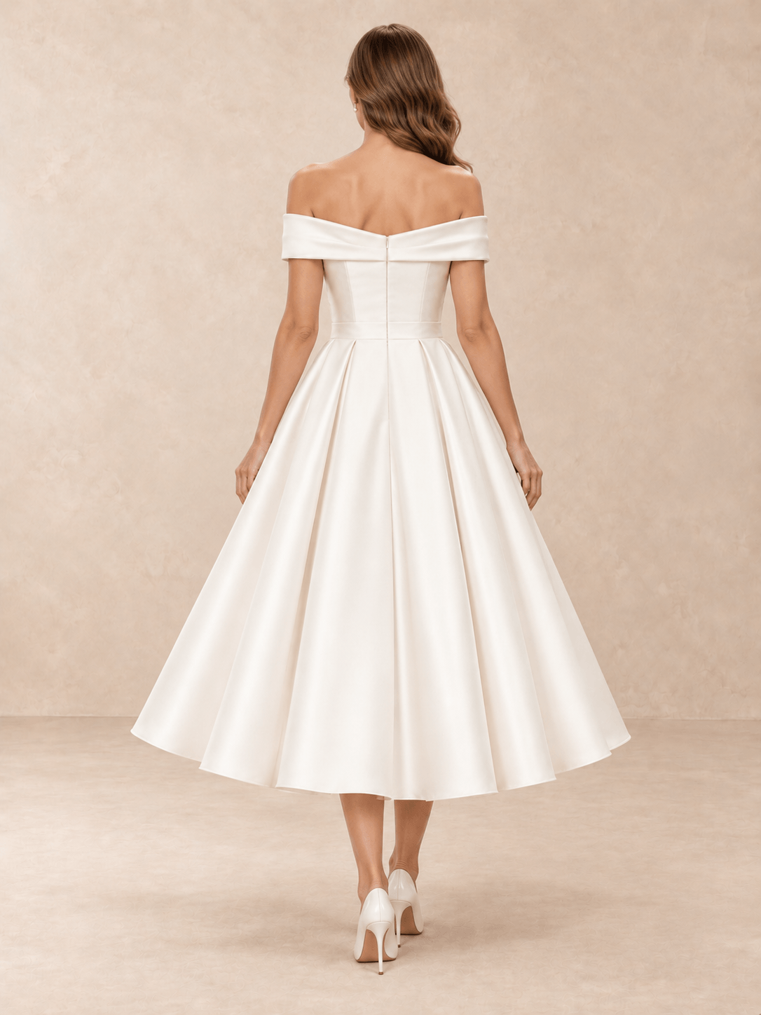 White Off-the-Shoulder Draped Mikado Tea-Length Wedding Dress
