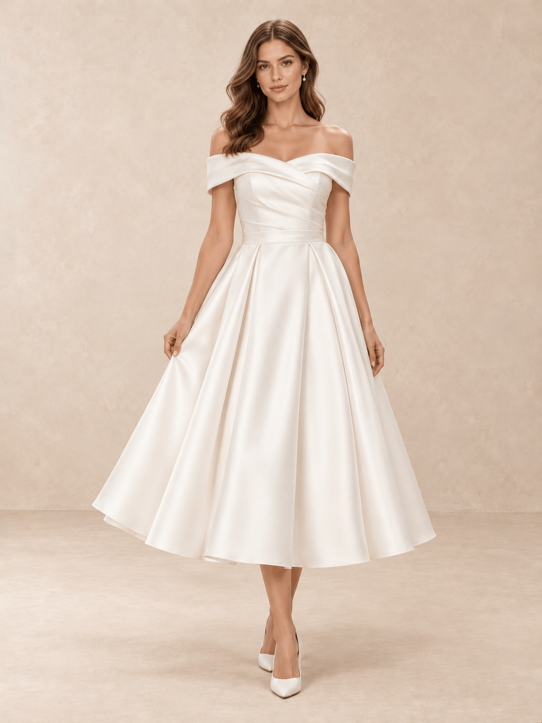 White Off-the-Shoulder Draped Mikado Tea-Length Wedding Dress