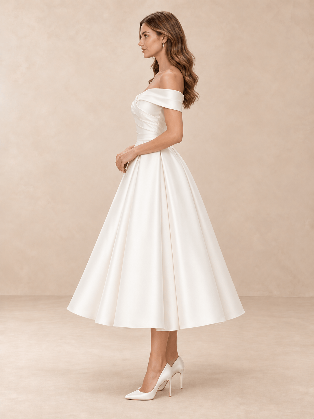 White Off-the-Shoulder Draped Mikado Tea-Length Wedding Dress