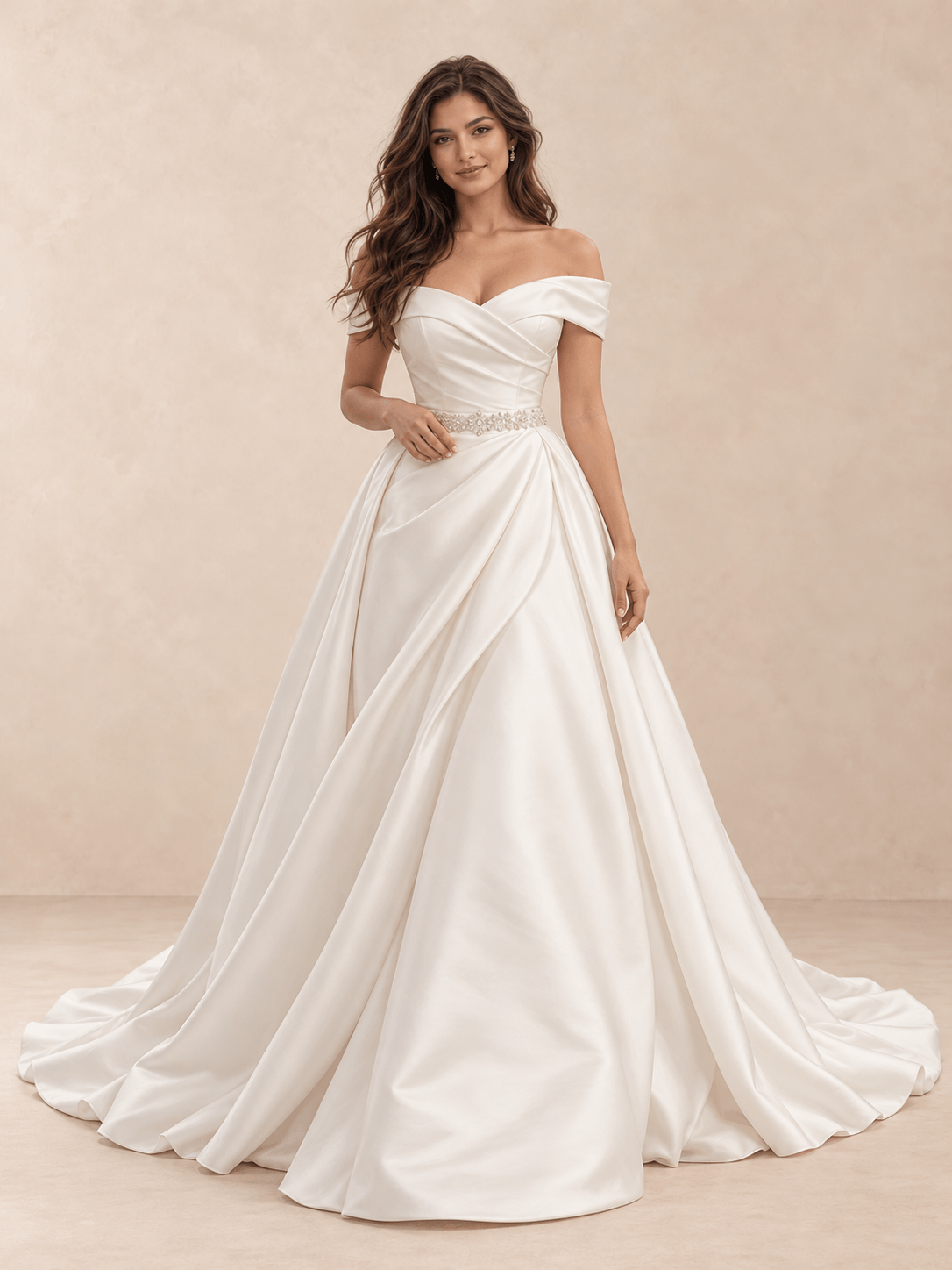 White Off-the-Shoulder Draped Satin A-Line Wedding Dress with Beaded Waist