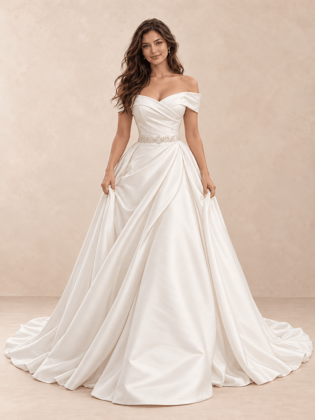 White Off-the-Shoulder Draped Satin A-Line Wedding Dress with Beaded Waist