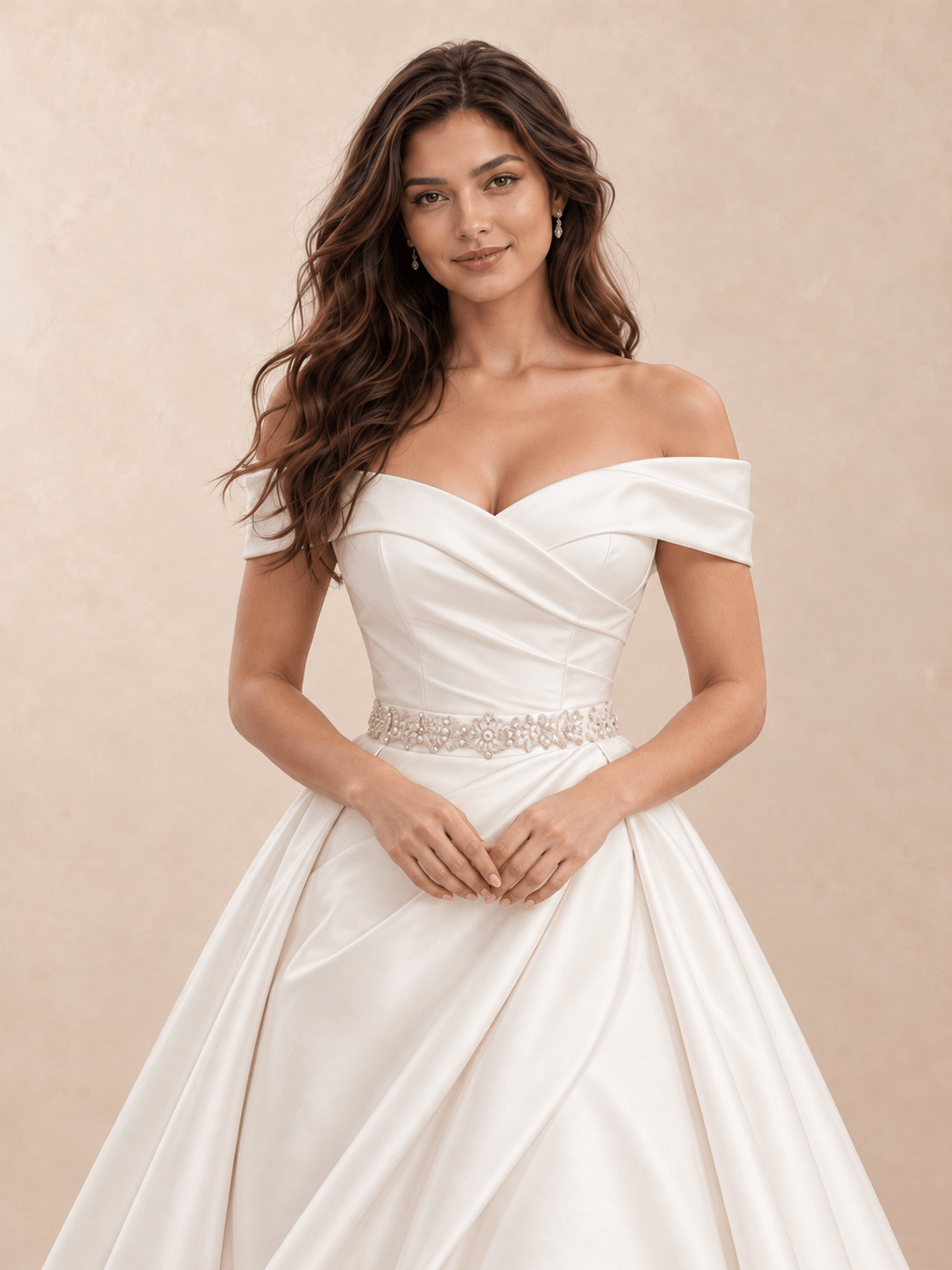 White Off-the-Shoulder Draped Satin A-Line Wedding Dress with Beaded Waist