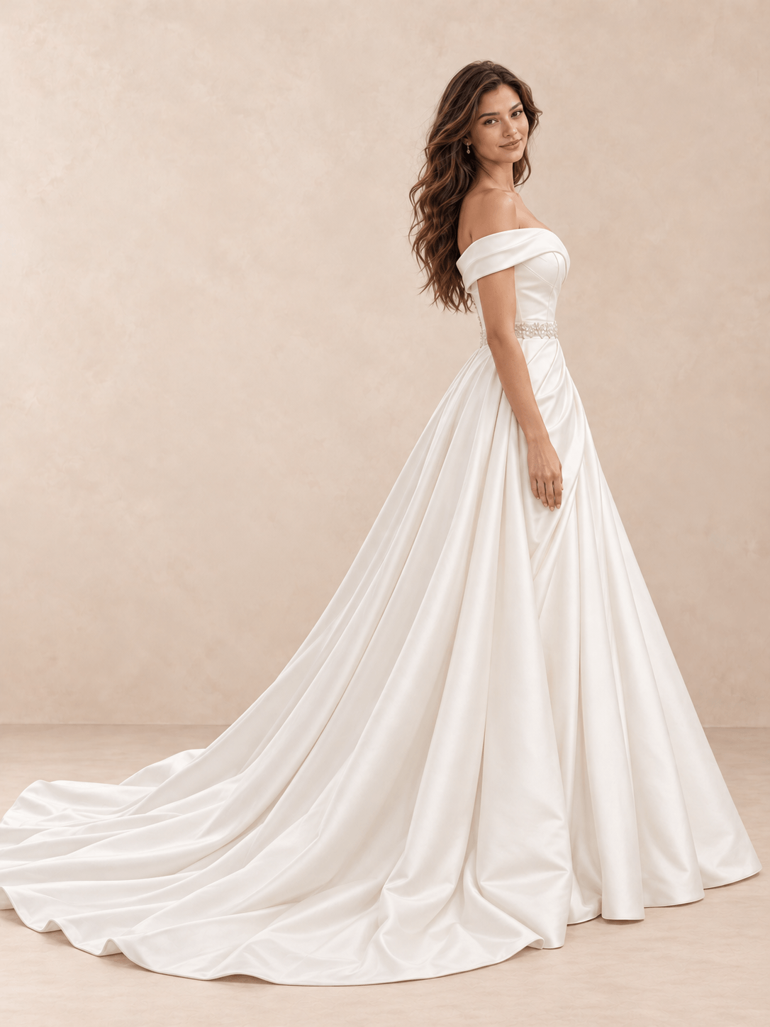 White Off-the-Shoulder Draped Satin A-Line Wedding Dress with Beaded Waist