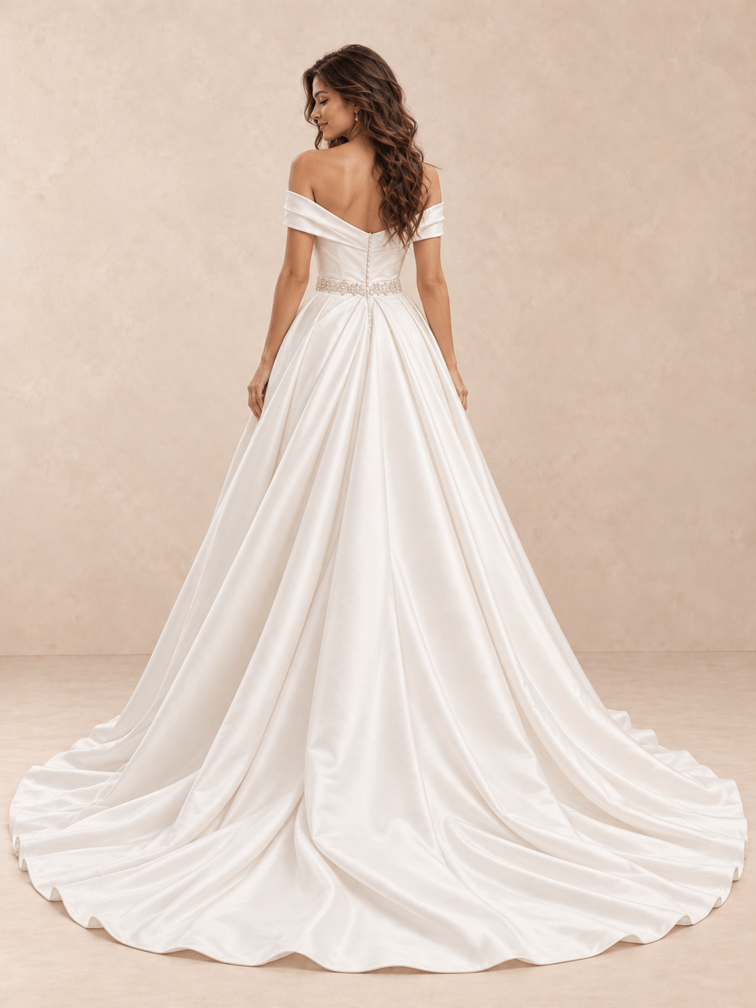 White Off-the-Shoulder Draped Satin A-Line Wedding Dress with Beaded Waist