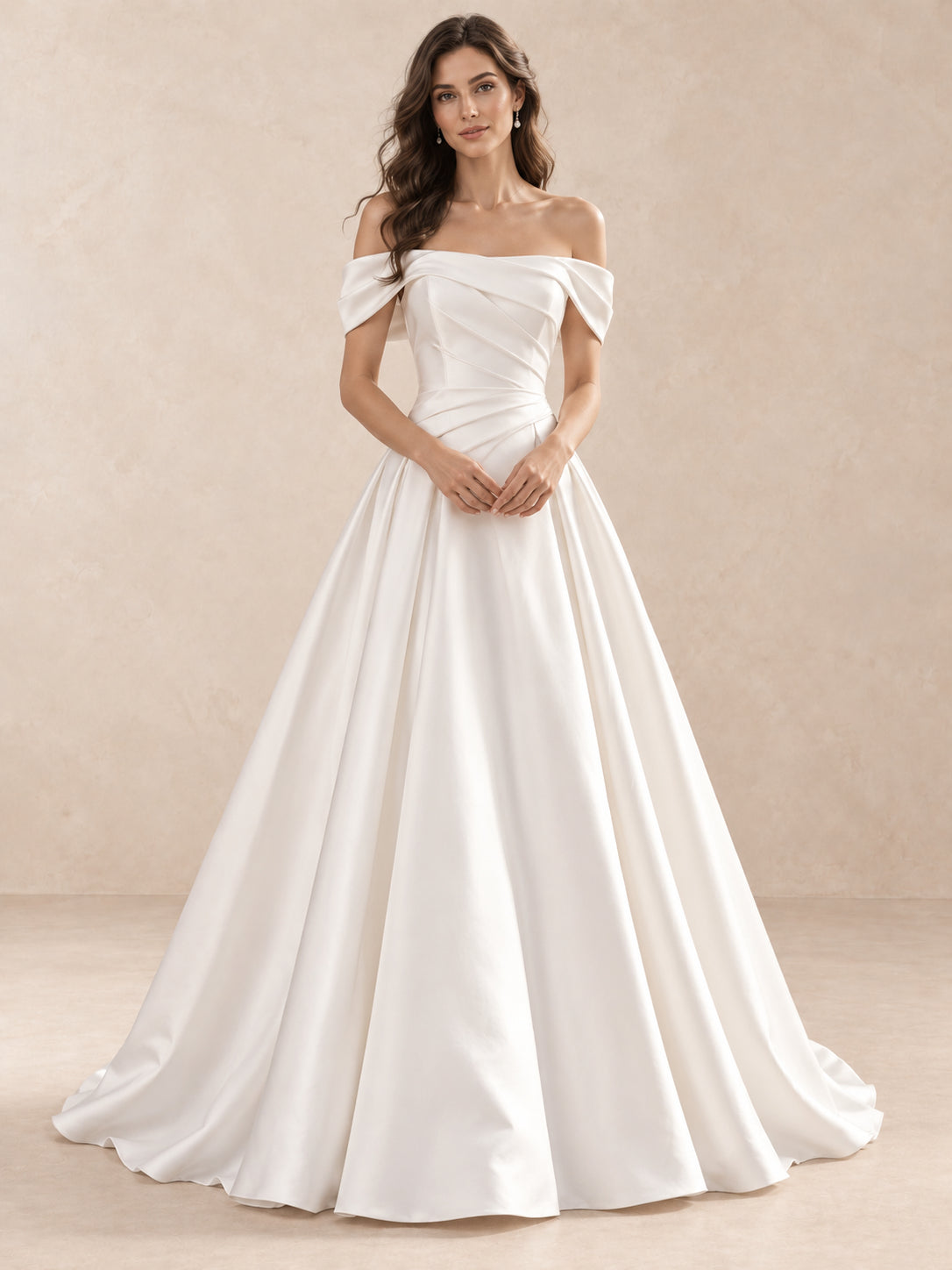 White Off-the-Shoulder Draped Satin Floor Length Wedding Dress