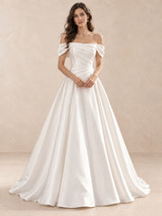 White Off-the-Shoulder Draped Satin Floor Length Wedding Dress