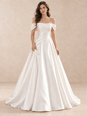 White Off-the-Shoulder Draped Satin Floor Length Wedding Dress