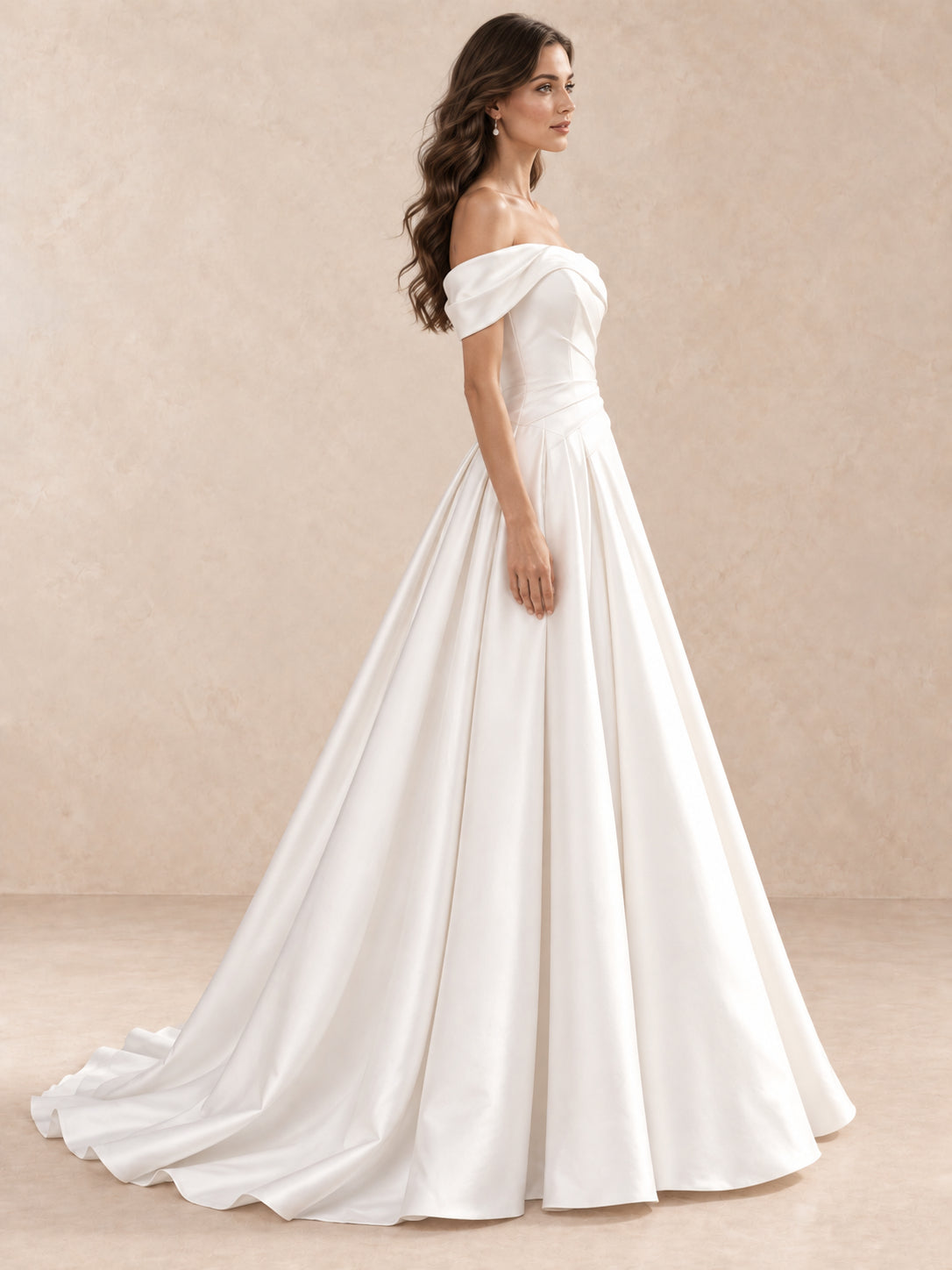 White Off-the-Shoulder Draped Satin Floor Length Wedding Dress