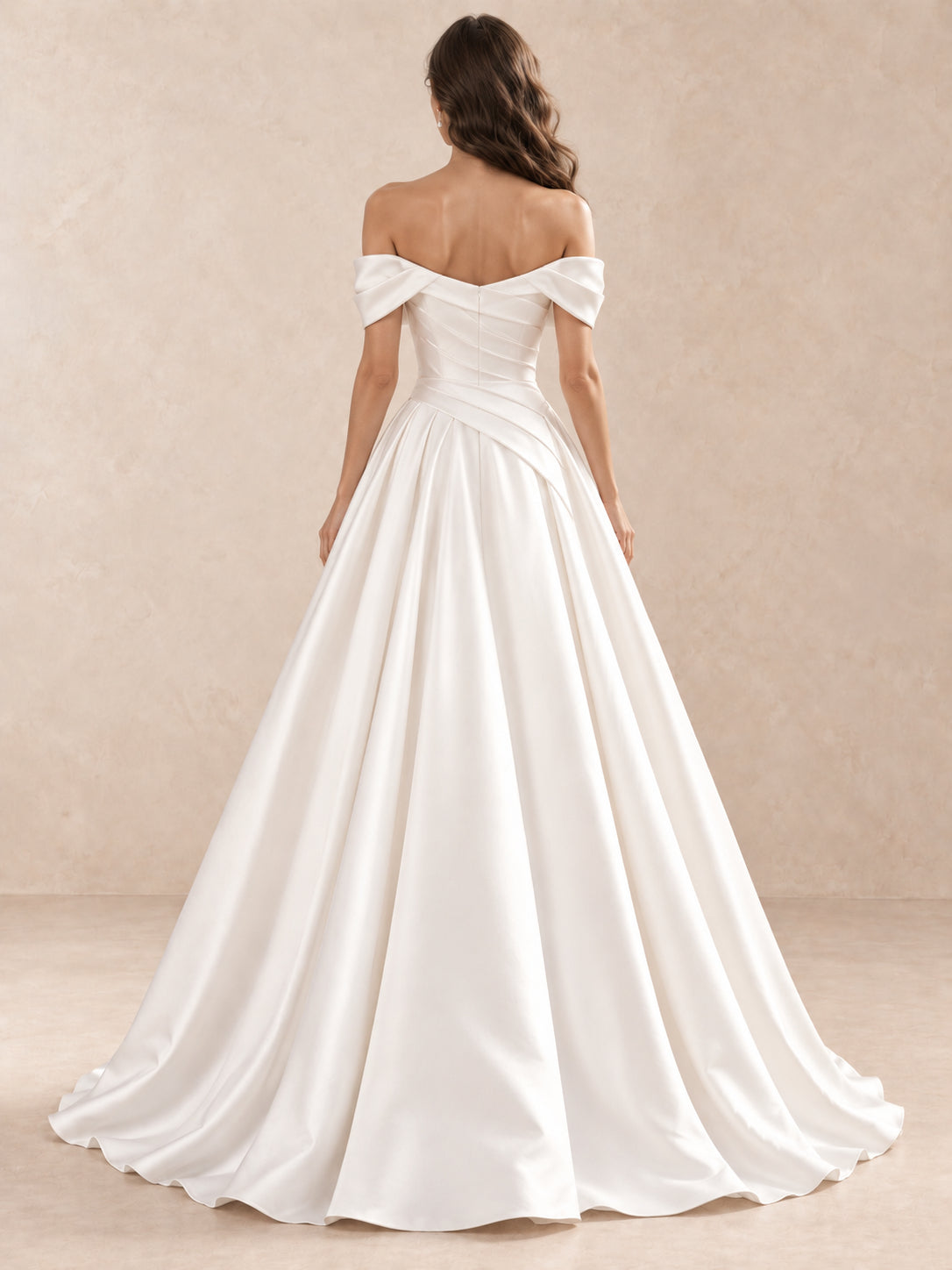 White Off-the-Shoulder Draped Satin Floor Length Wedding Dress