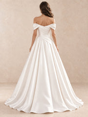 White Off-the-Shoulder Draped Satin Floor Length Wedding Dress