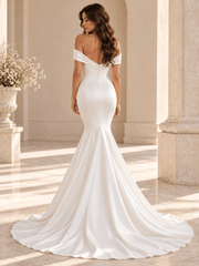 White Off-the-Shoulder Draped Satin Mermaid Wedding Dress with Chapel Train