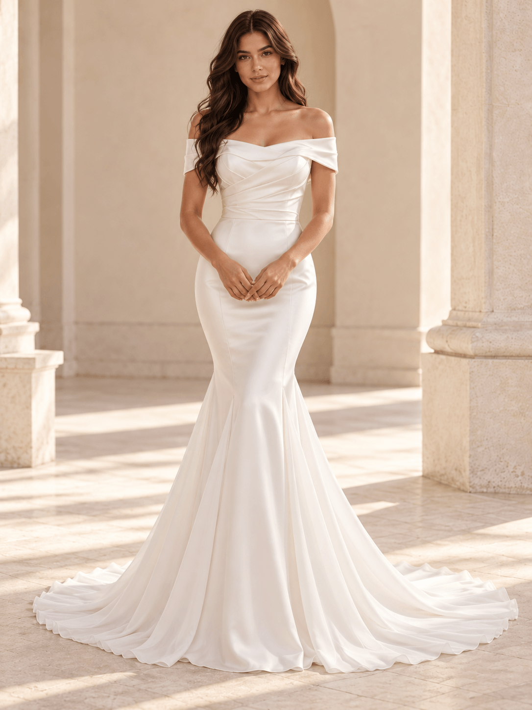 White Off-the-Shoulder Draped Satin Mermaid Wedding Dress with Chapel Train