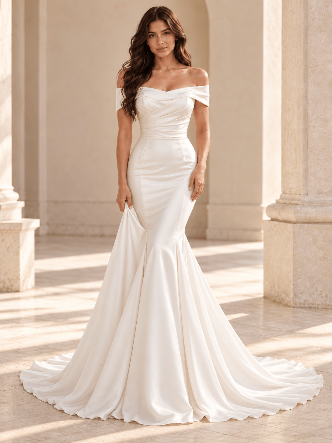 White Off-the-Shoulder Draped Satin Mermaid Wedding Dress with Chapel Train