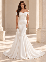 White Off-the-Shoulder Draped Satin Mermaid Wedding Dress with Chapel Train
