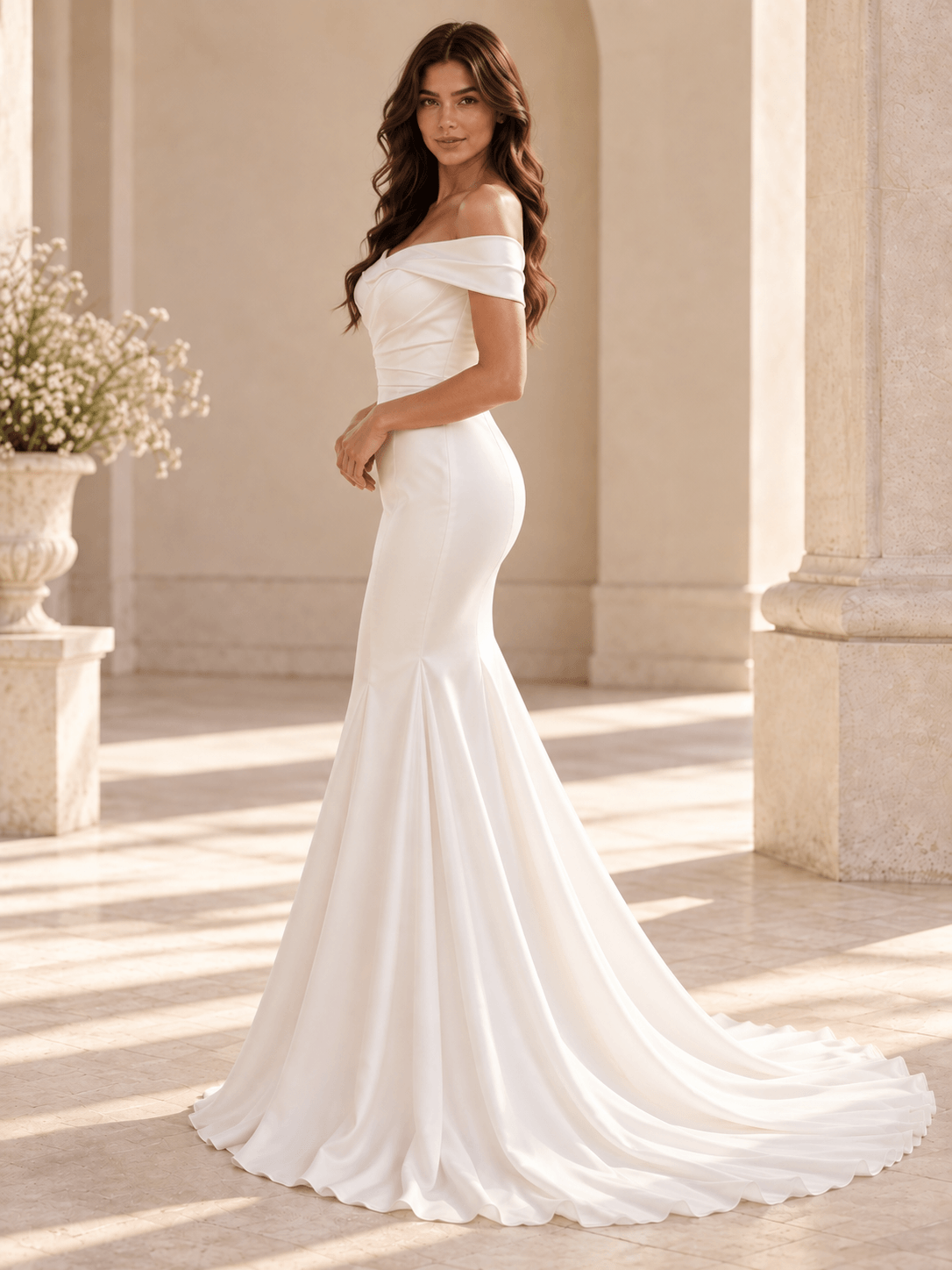 White Off-the-Shoulder Draped Satin Mermaid Wedding Dress with Chapel Train