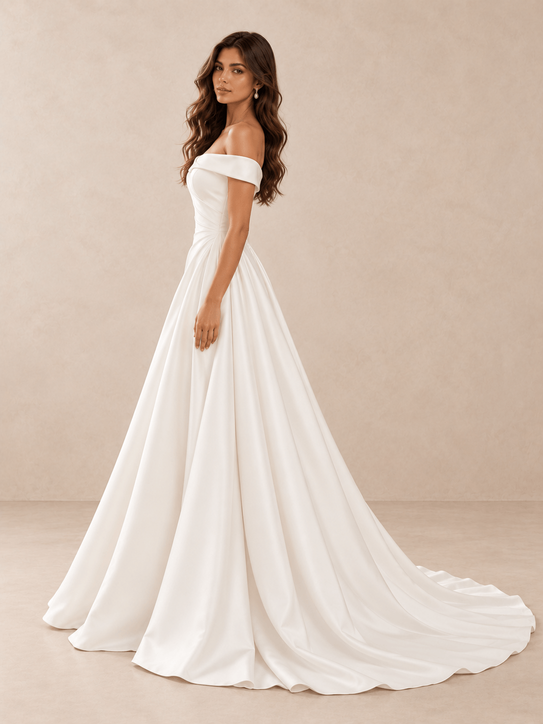 White Off-the-Shoulder Draped Satin Wedding Dress with Train