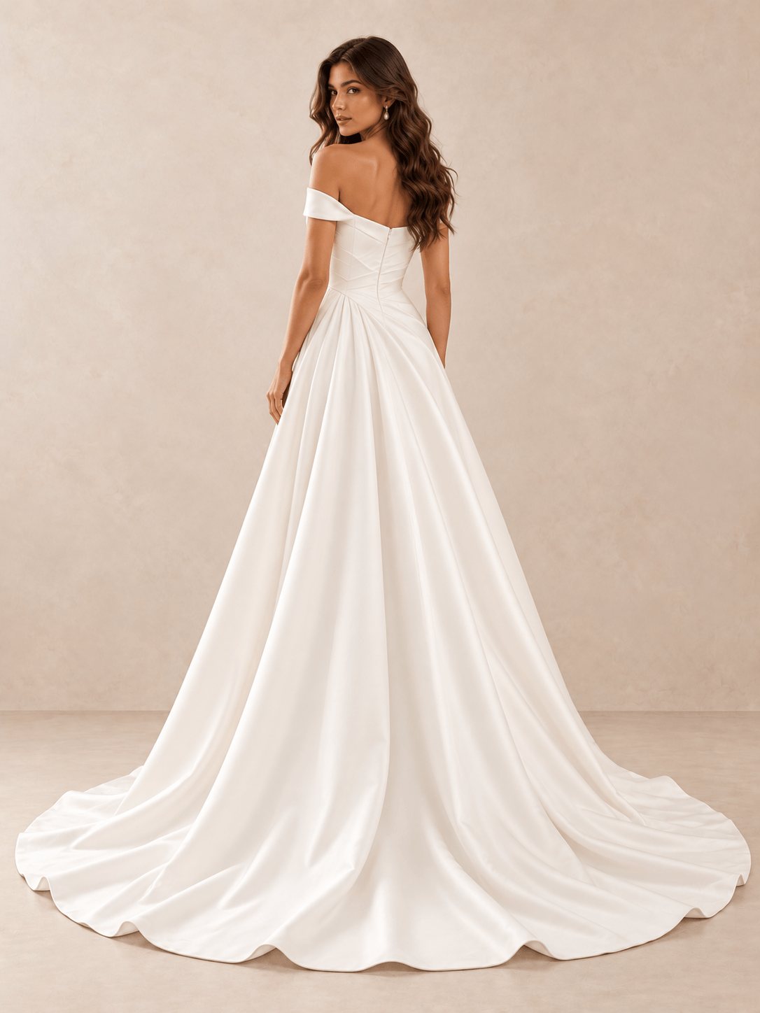 White Off-the-Shoulder Draped Satin Wedding Dress with Train