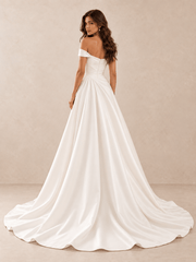 White Off-the-Shoulder Draped Satin Wedding Dress with Train