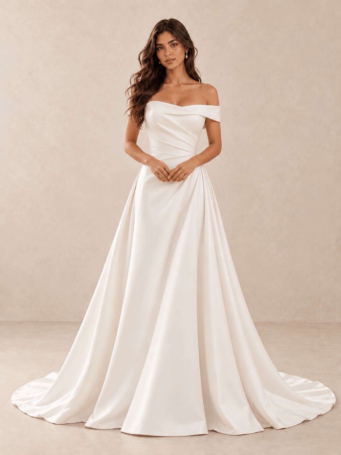 White Off-the-Shoulder Draped Satin Wedding Dress with Train