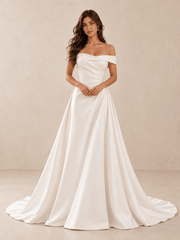 White Off-the-Shoulder Draped Satin Wedding Dress with Train