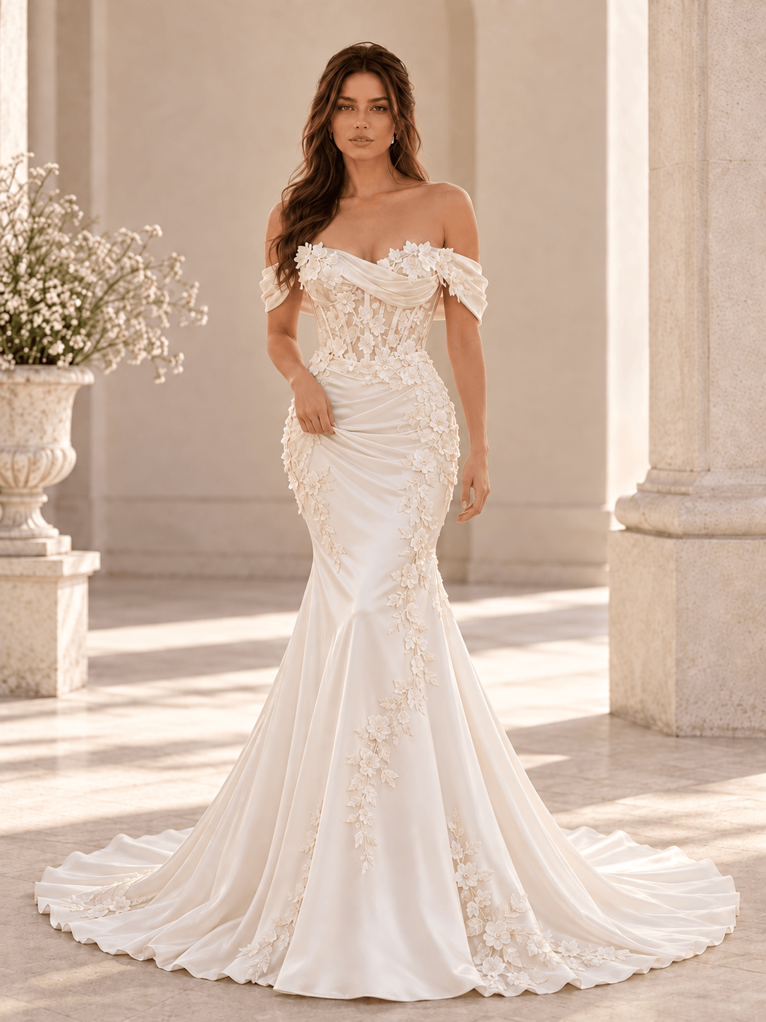 White Off-the-Shoulder Floral Appliqué Mermaid Wedding Dress with Draped Bodice