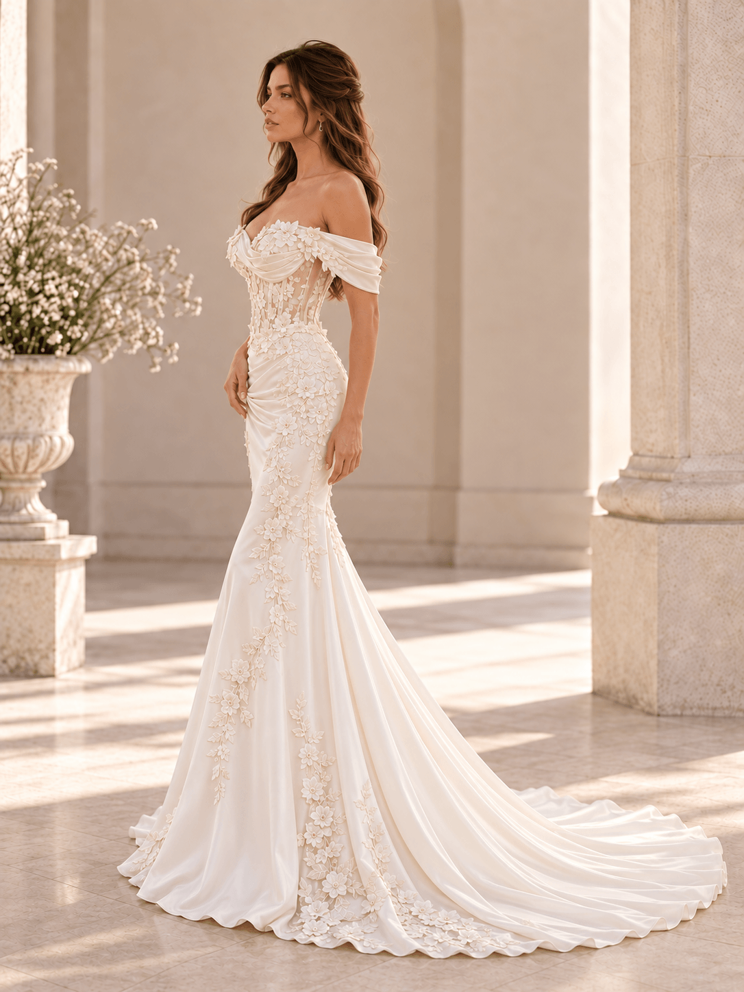 White Off-the-Shoulder Floral Appliqué Mermaid Wedding Dress with Draped Bodice