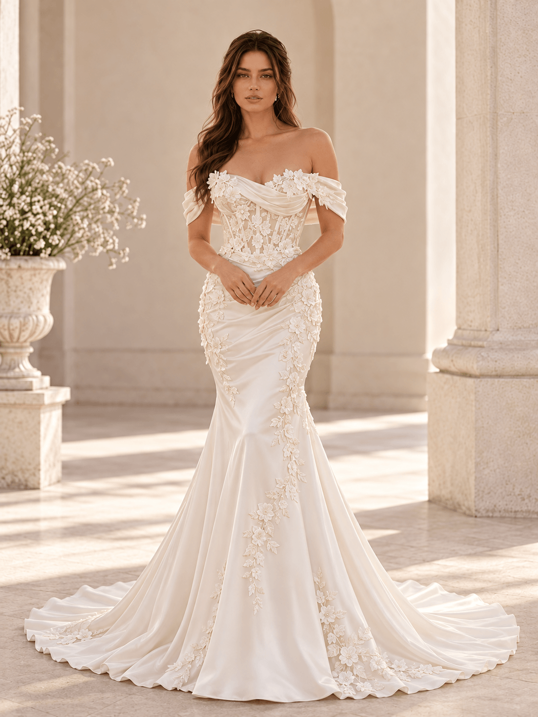 White Off-the-Shoulder Floral Appliqué Mermaid Wedding Dress with Draped Bodice