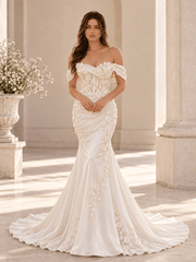 White Off-the-Shoulder Floral Appliqué Mermaid Wedding Dress with Draped Bodice