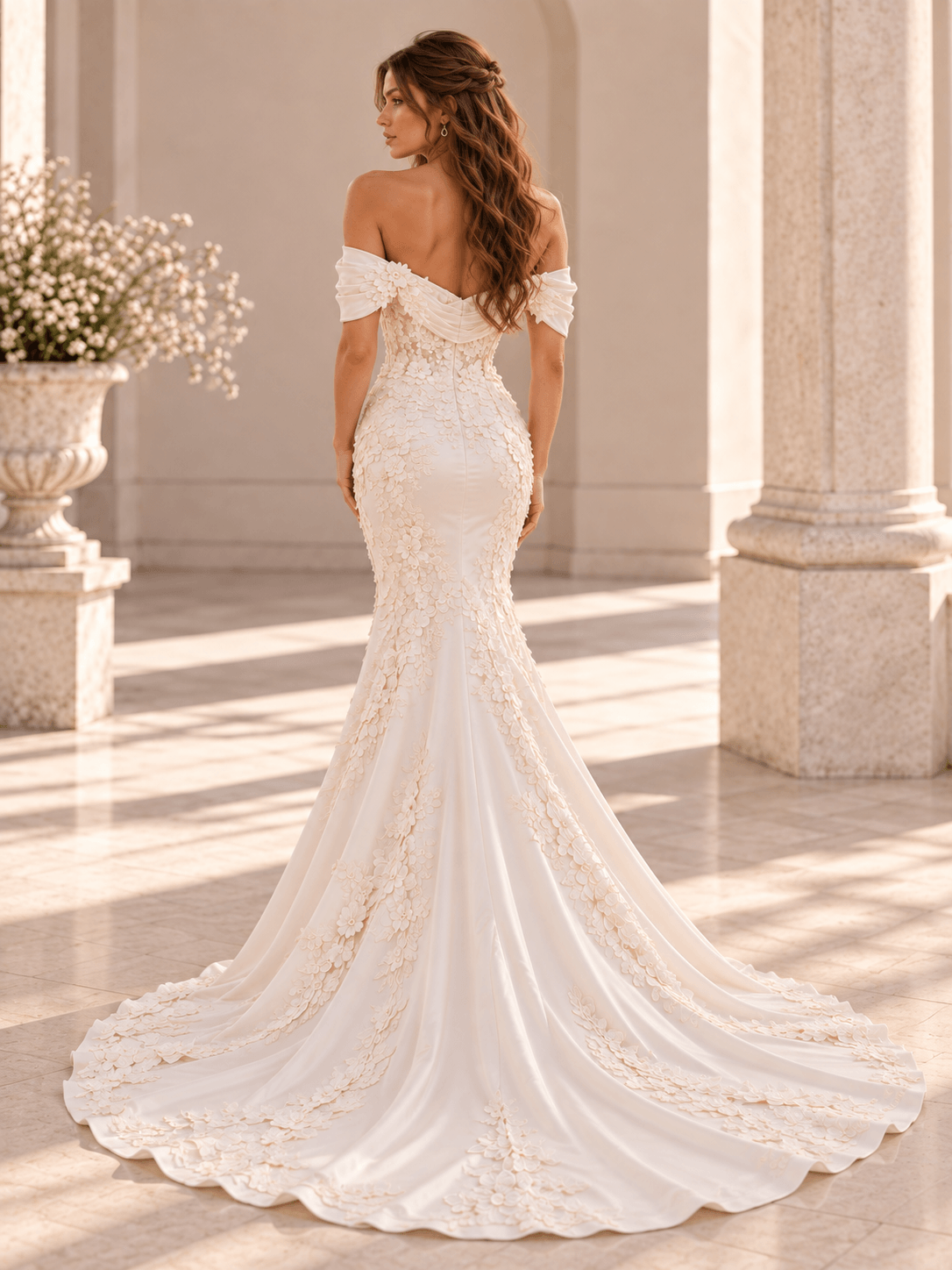 White Off-the-Shoulder Floral Appliqué Mermaid Wedding Dress with Draped Bodice