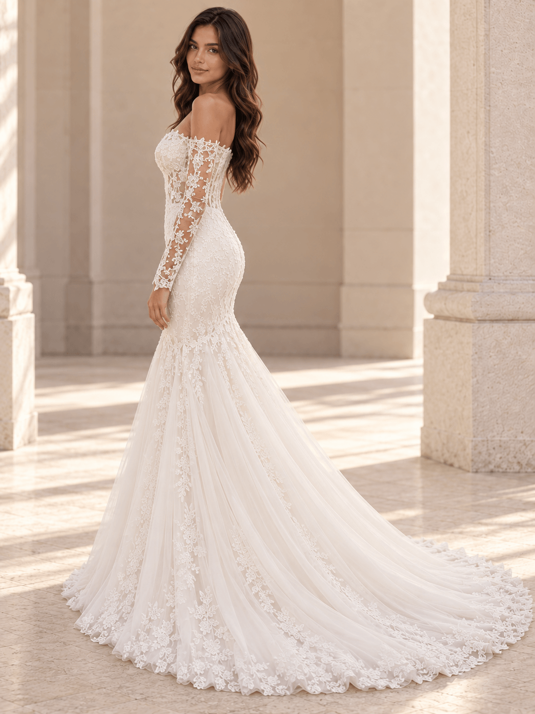White Off-the-Shoulder Long Sleeve Lace Mermaid Wedding Dress