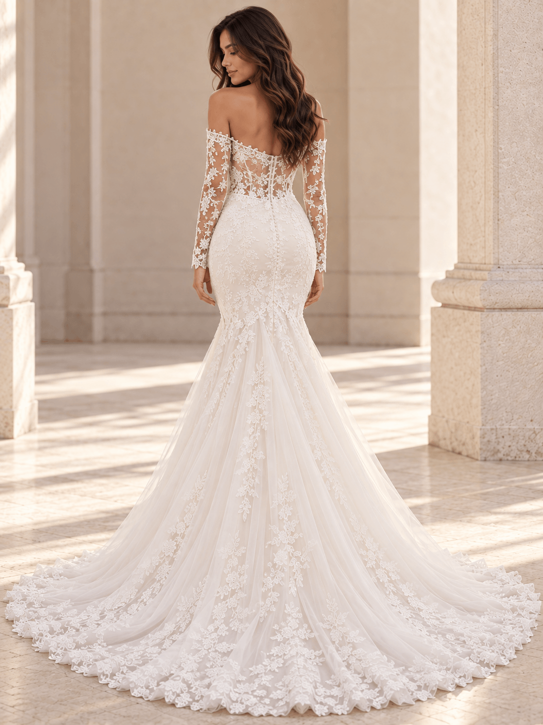 White Off-the-Shoulder Long Sleeve Lace Mermaid Wedding Dress