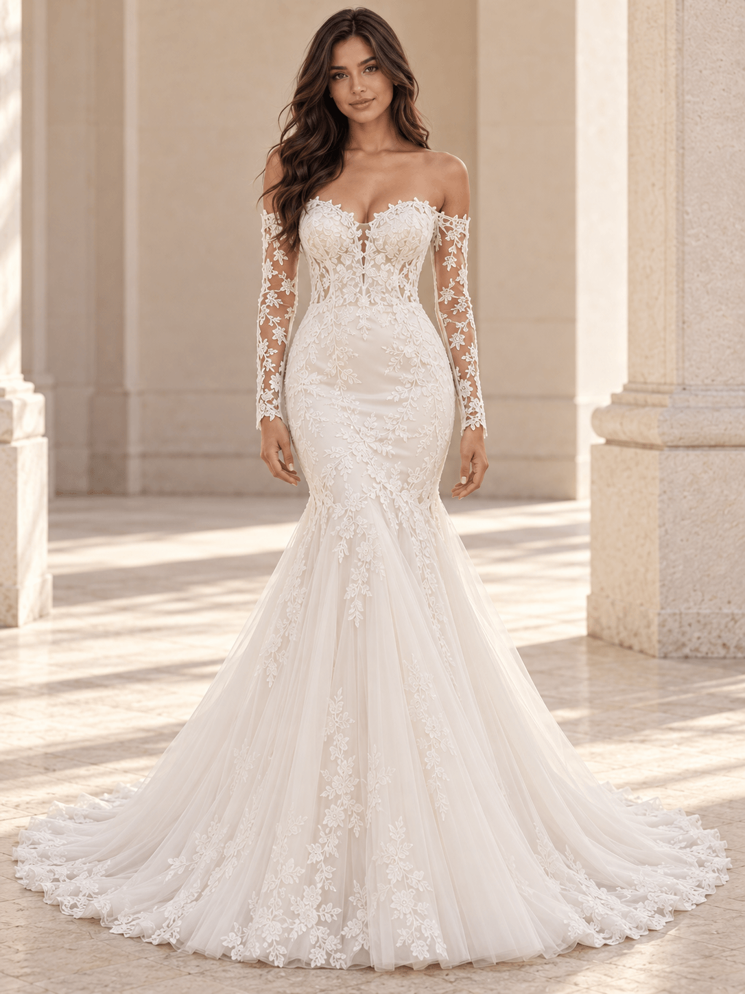 White Off-the-Shoulder Long Sleeve Lace Mermaid Wedding Dress