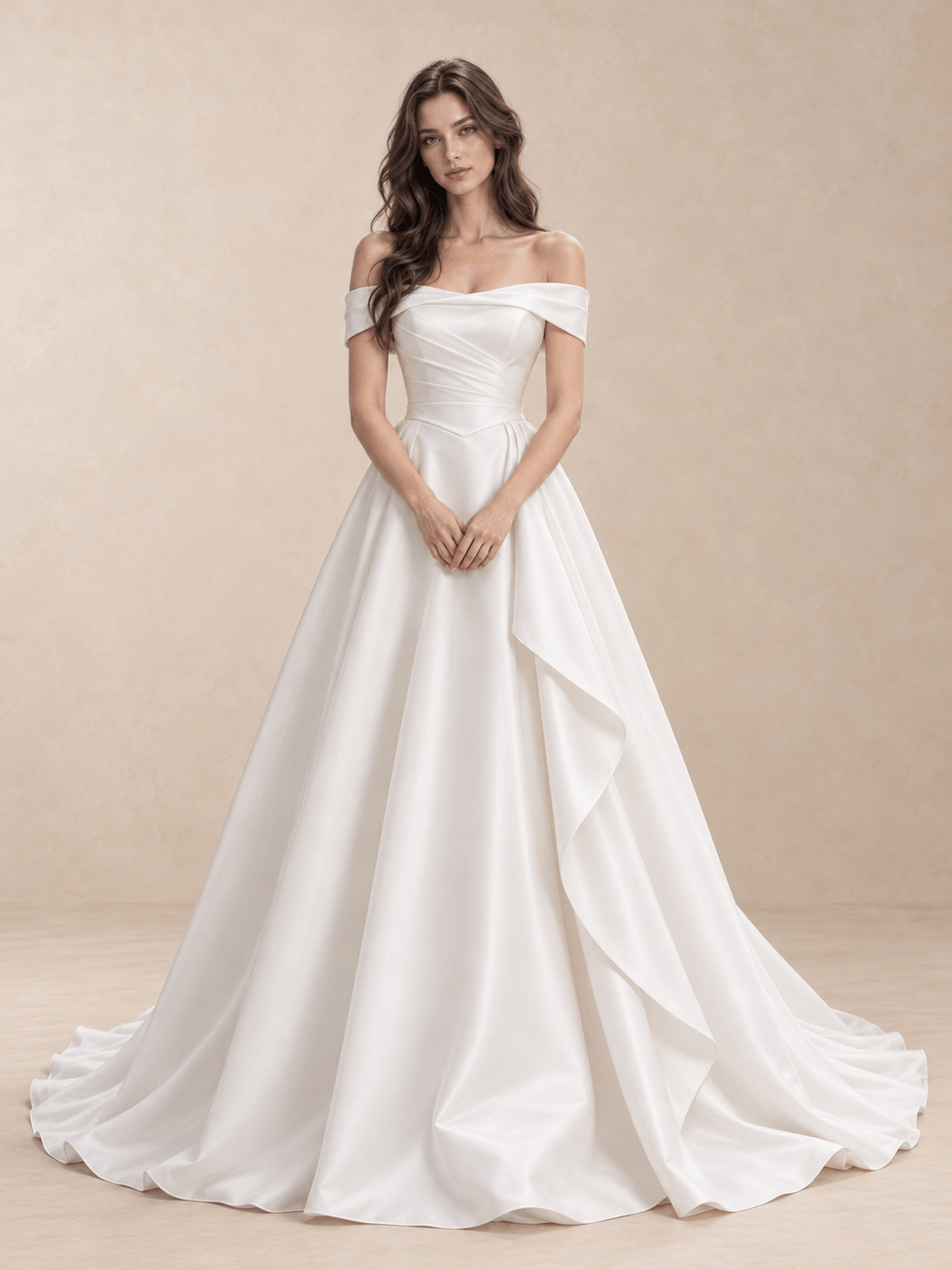 White Off-the-Shoulder Low Square Back Satin Wedding Dress