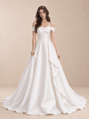 White Off-the-Shoulder Low Square Back Satin Wedding Dress
