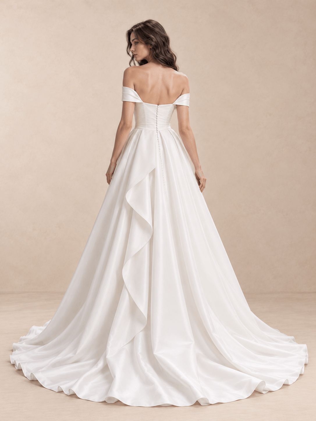 White Off-the-Shoulder Low Square Back Satin Wedding Dress