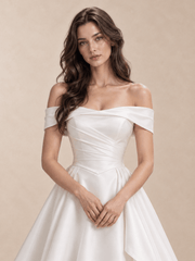 White Off-the-Shoulder Low Square Back Satin Wedding Dress