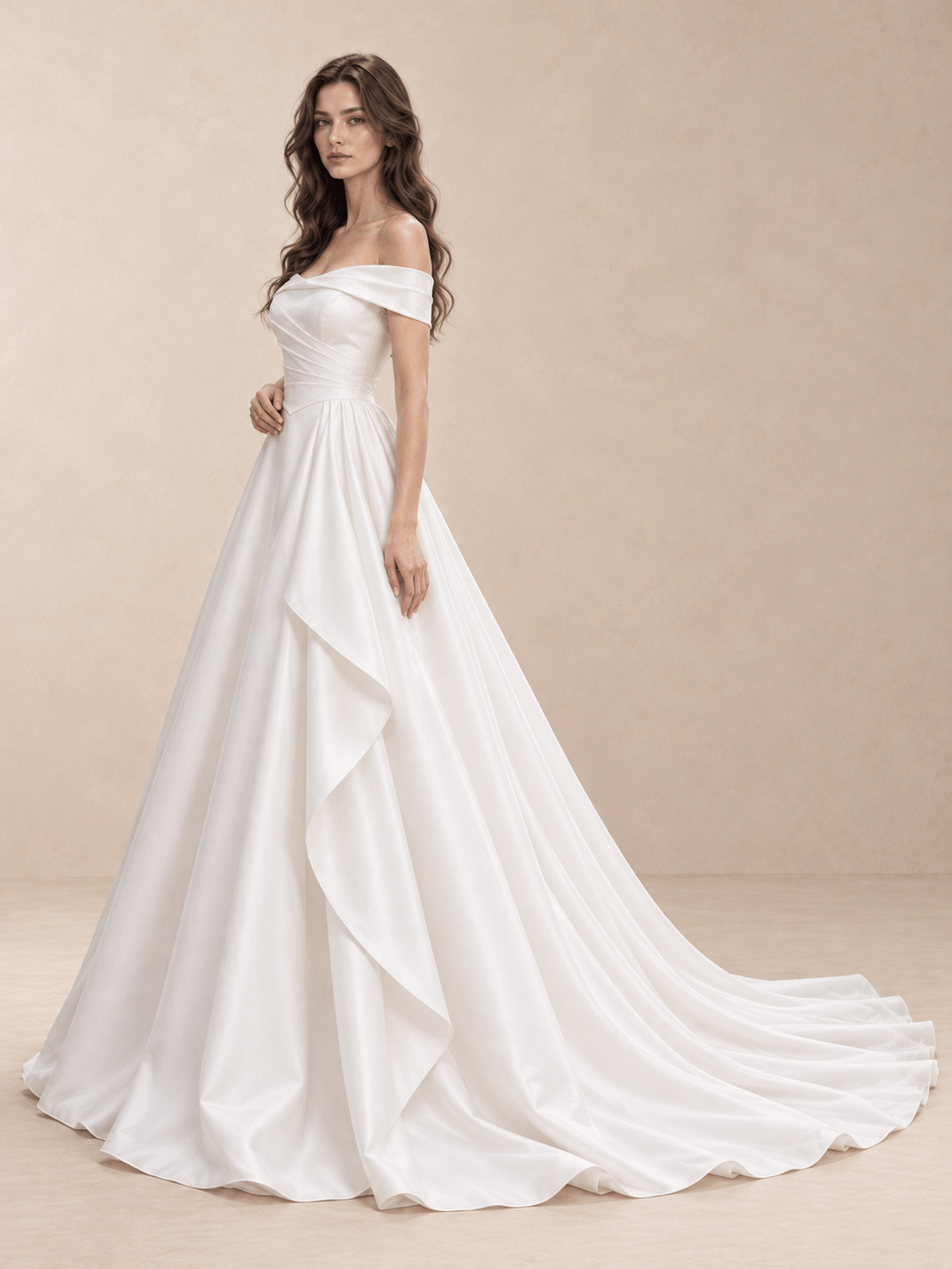 White Off-the-Shoulder Low Square Back Satin Wedding Dress