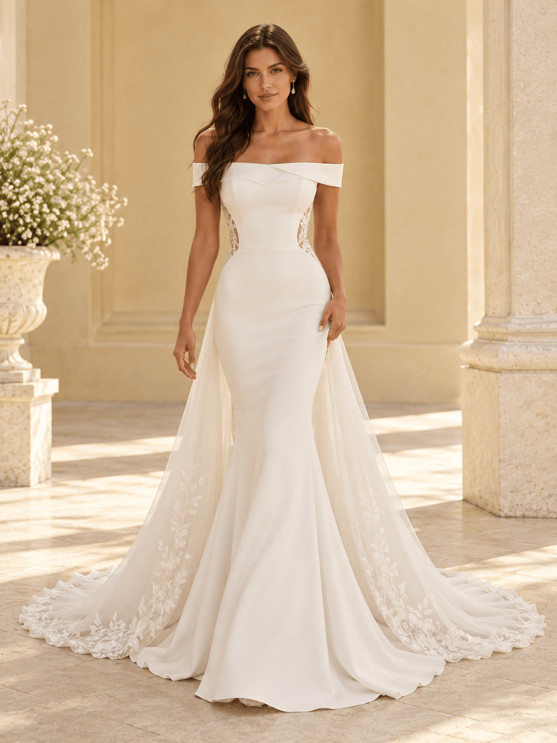 White Off-the-Shoulder Mermaid Wedding Dress with Lace Cutout Sides