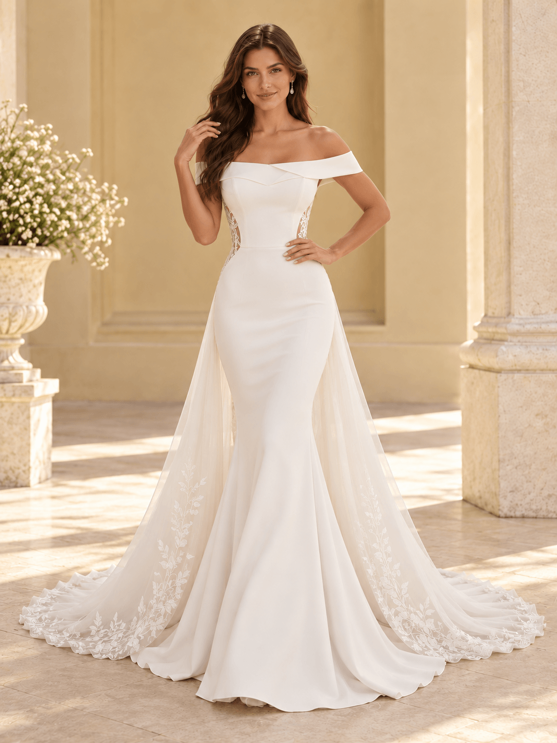 White Off-the-Shoulder Mermaid Wedding Dress with Lace Cutout Sides