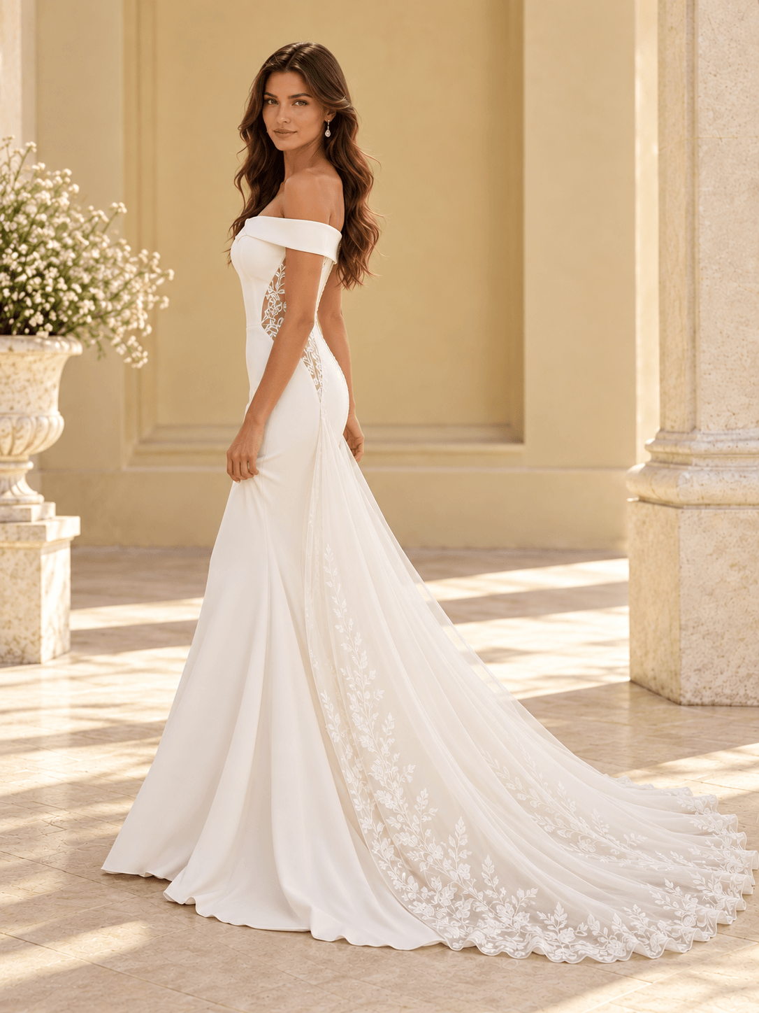 White Off-the-Shoulder Mermaid Wedding Dress with Lace Cutout Sides