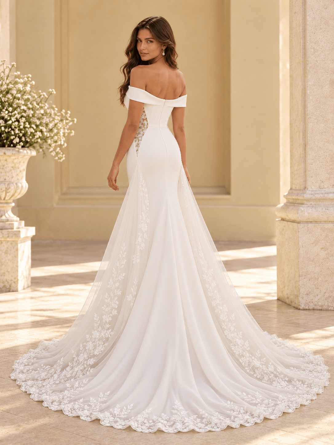 White Off-the-Shoulder Mermaid Wedding Dress with Lace Cutout Sides