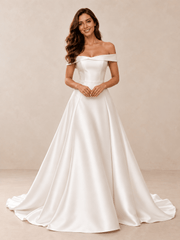 White Off-the-Shoulder Mikado A-Line Wedding Dress with Chapel Train