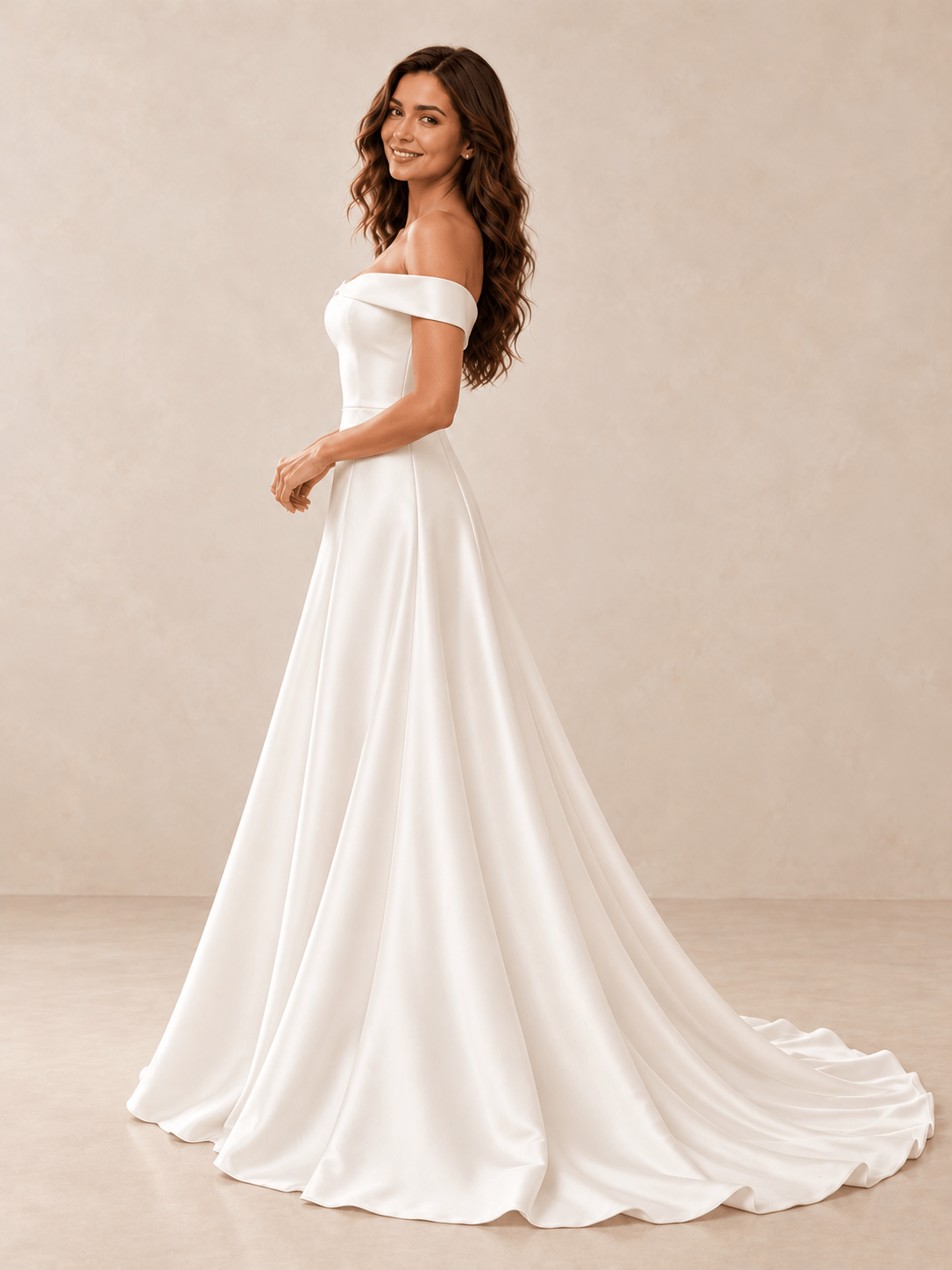 White Off-the-Shoulder Mikado A-Line Wedding Dress with Chapel Train