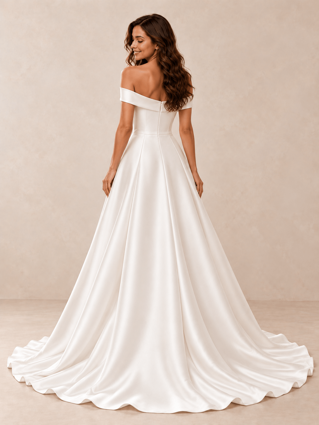 White Off-the-Shoulder Mikado A-Line Wedding Dress with Chapel Train
